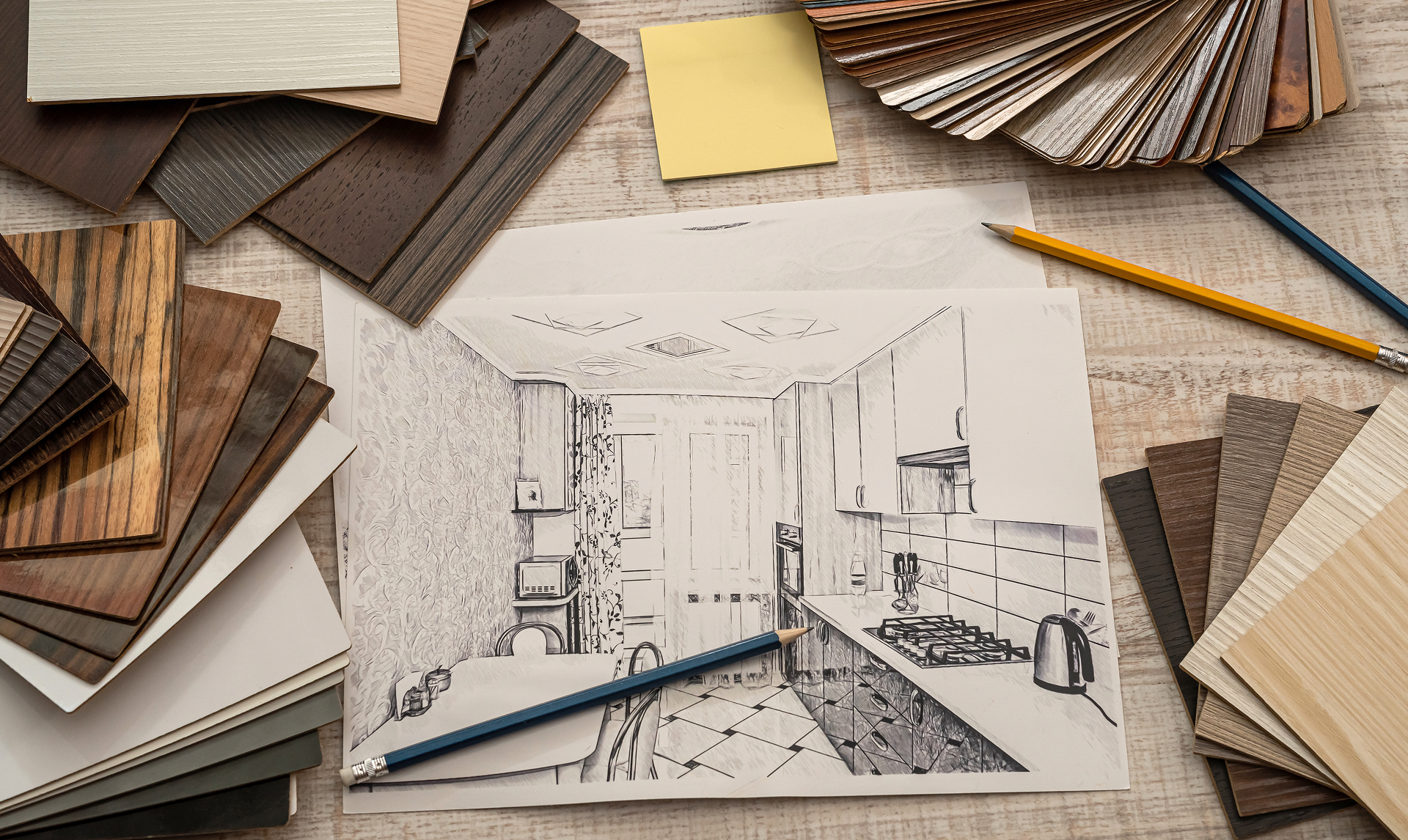 Architectural sketch with material samples